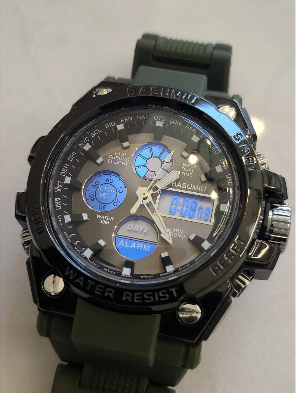 Basumiu Men's Digital Watch Tactical Military GLOWS! Dual Display NWT 8.75